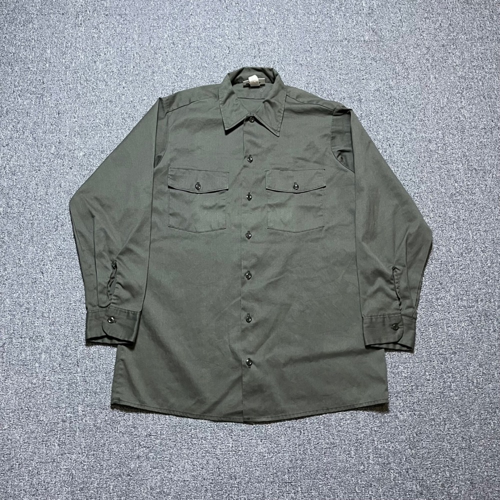 Vintage Dickies Work Shirt 15-15.5x32 Olive Green Long Sleeve Made in USA 90s